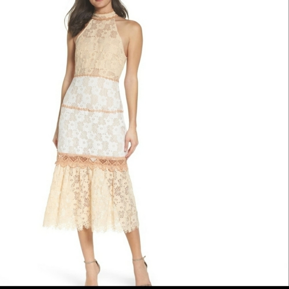 Foxiedox lace cream/tan midi dress formal party